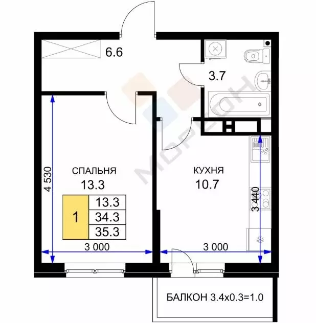 1-комнатная квартира: Краснодар, улица имени Героя Ростовского, 8к1 ... - Фото 0