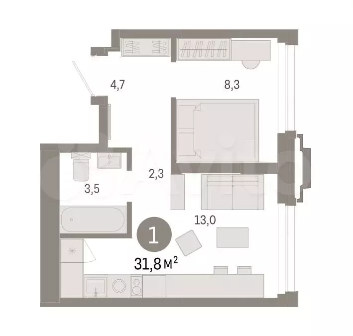 1-к. квартира, 31,8 м, 3/25 эт. - Фото 0