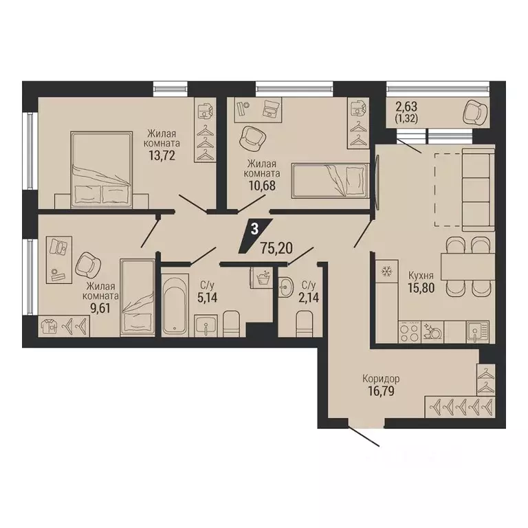 3-к кв. Свердловская область, Екатеринбург пер. Ученический, 4 (75.2 ... - Фото 1