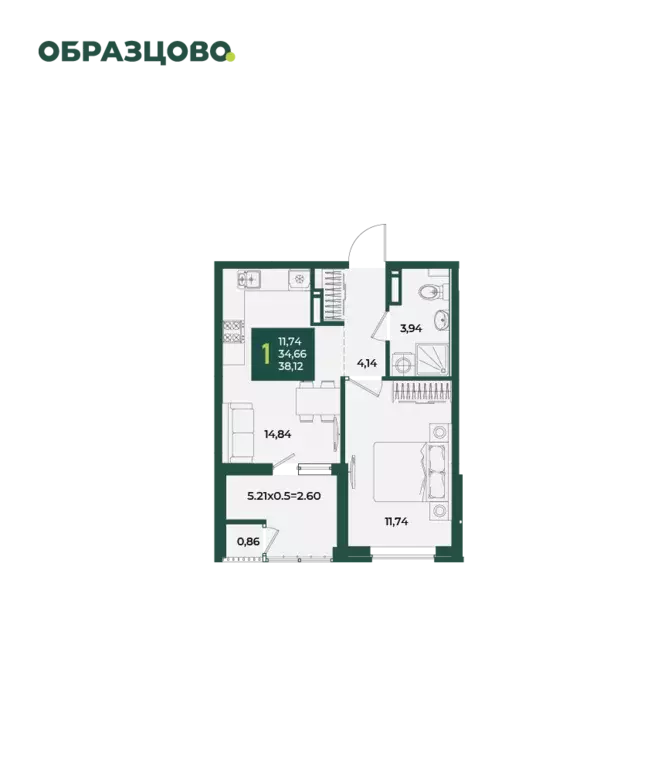 1-к квартира, 38.12 м - Фото 0