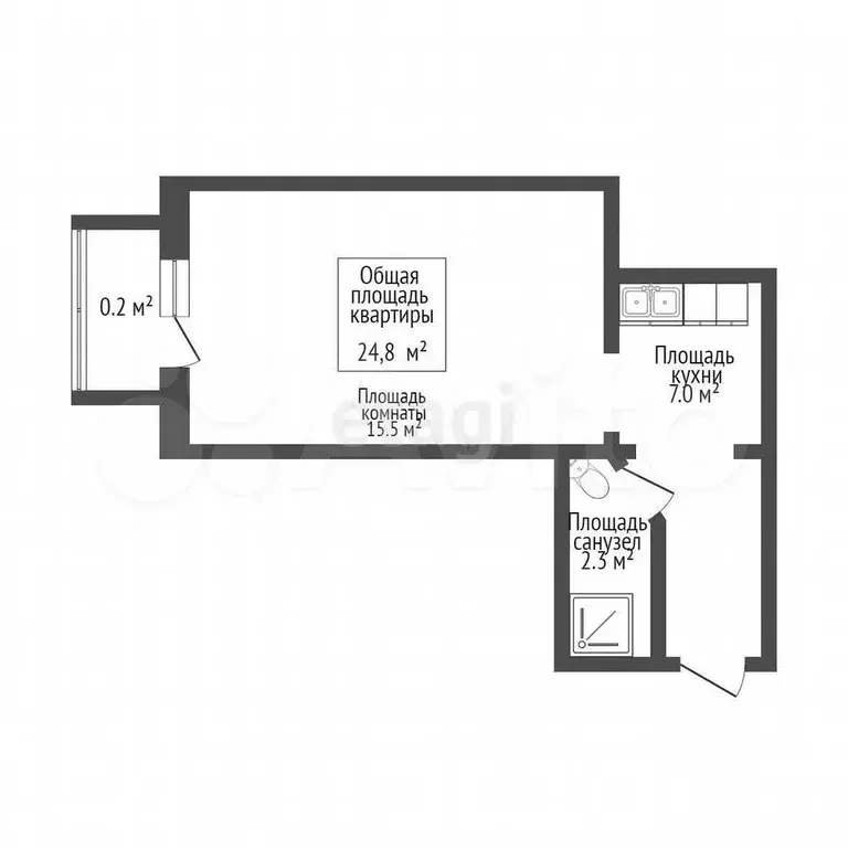 Квартира-студия, 24,8 м, 4/4 эт. - Фото 0