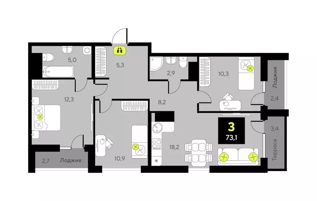3-комнатная квартира: Тюмень, улица Ивана Чистякова, 3 (73.1 м) - Фото 1