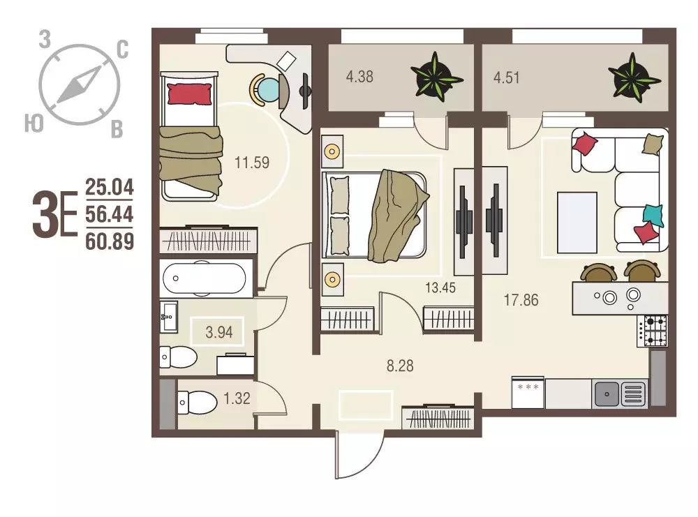 Продаётся 2-к квартира, 60.89 м - Фото 1
