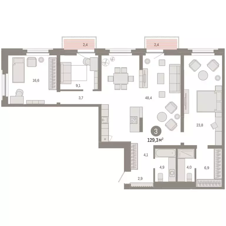 3-комнатная квартира: Тюмень, Мысовская улица, 26к2 (129.25 м) - Фото 1