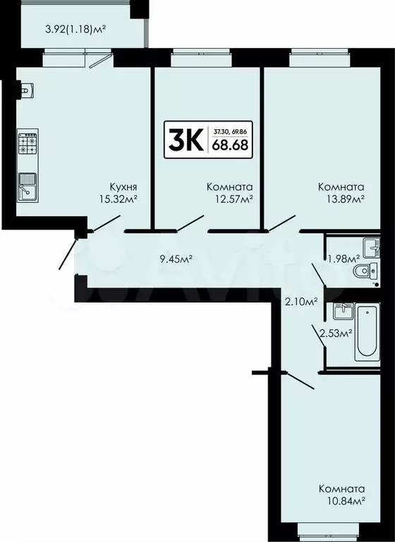 3-к. квартира, 68,7 м, 2/4 эт. - Фото 0