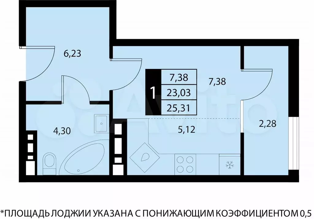 Квартира-студия, 25,3 м, 13/16 эт. - Фото 0