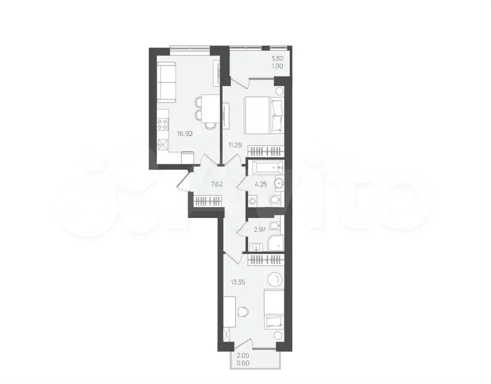 2-к. квартира, 58,3 м, 4/5 эт. - Фото 1