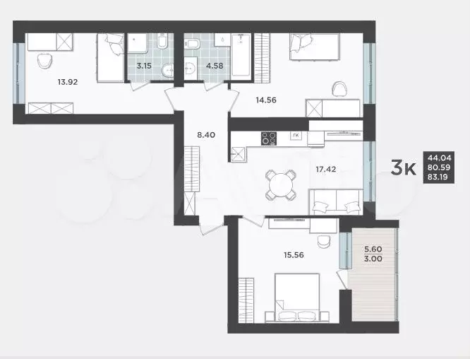 3-к. квартира, 80,6 м, 1/9 эт. - Фото 1