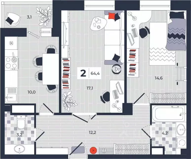 2-к кв. Тульская область, Тула ул. Академика Насоновой, 1А (64.4 м) - Фото 1