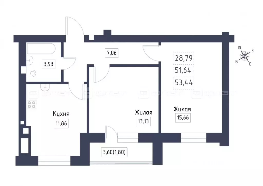 2-к кв. Татарстан, Лаишевский район, с. Сокуры  (53.44 м) - Фото 1