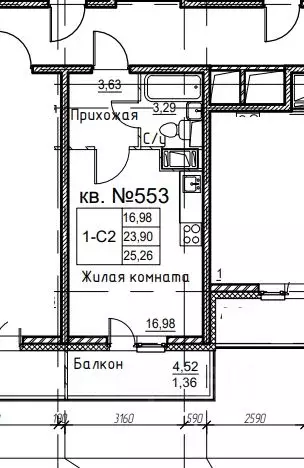 Студия Санкт-Петербург ул. Русановская, 20к3 (23.9 м) - Фото 2