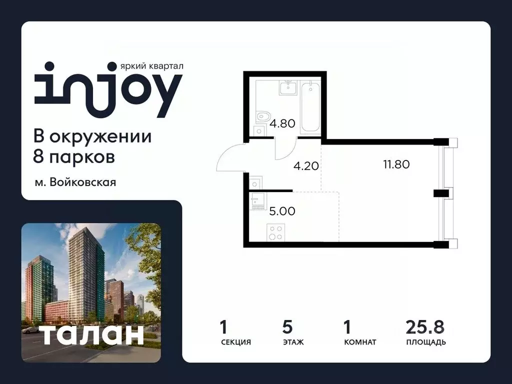 1-к кв. Москва Инджой жилой комплекс (25.8 м) - Фото 1