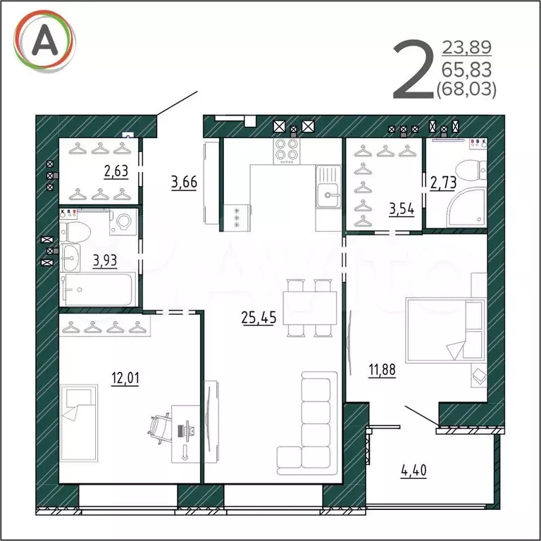 2-к. квартира, 68м, 5/9эт. - Фото 1