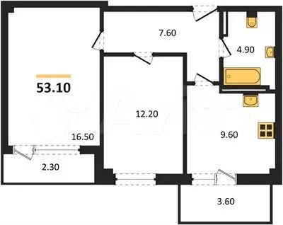 2-к. квартира, 53,1 м, 9/9 эт. - Фото 1