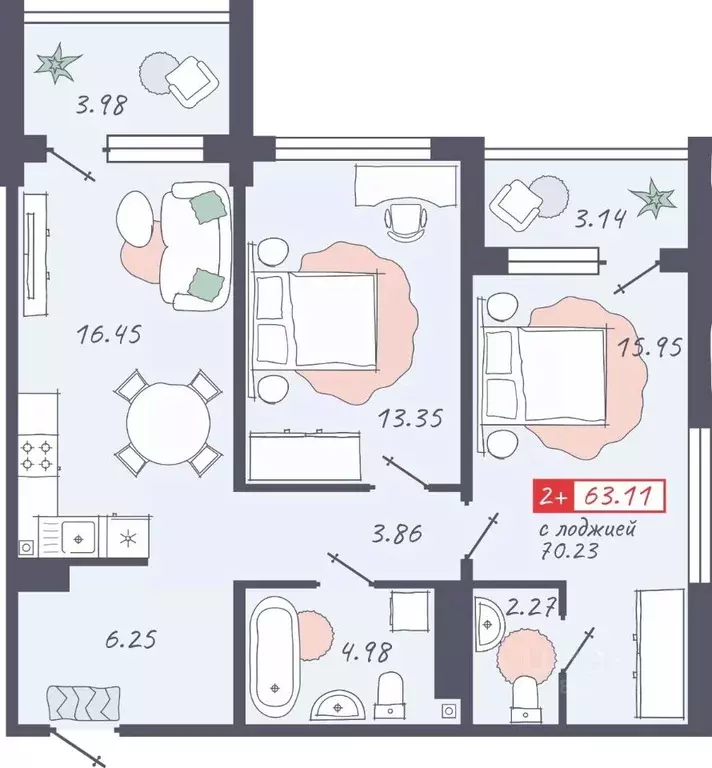 2-к кв. Ханты-Мансийский АО, Ханты-Мансийск Промышленная ул. (63.11 м) - Фото 1