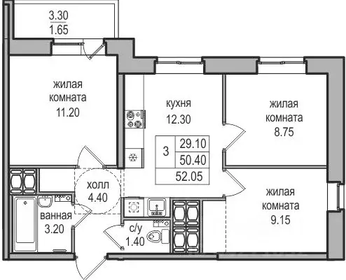 3-к кв. Санкт-Петербург пос. Парголово, ул. Шишкина, 303к1 (50.7 м) - Фото 2