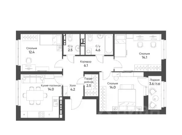 3-к кв. Свердловская область, Екатеринбург ул. Лучистая, 22 (75.3 м) - Фото 2