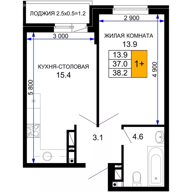 1-комнатная квартира: Краснодар, улица Лётчика Позднякова, 2к24 (38.2 ... - Фото 0