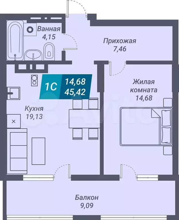 1-к. квартира, 45,4 м, 22/25 эт. - Фото 1