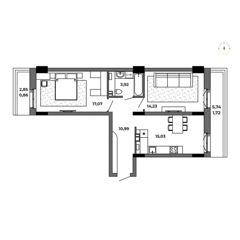 2-к квартира, 63.82 м - Фото 0