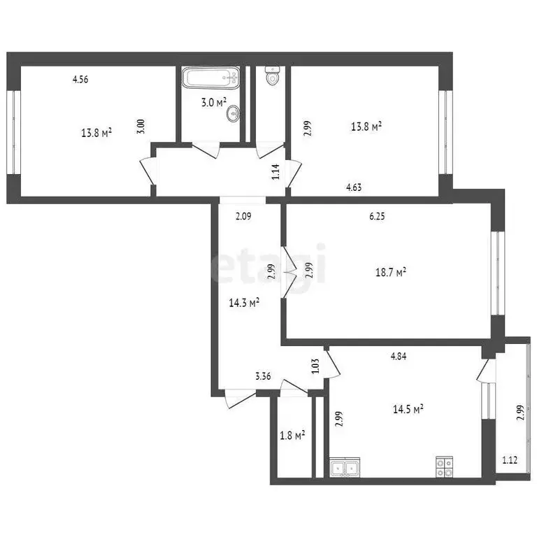 3-комнатная квартира: Тюмень, улица Николая Зелинского, 17 (81.5 м) - Фото 1