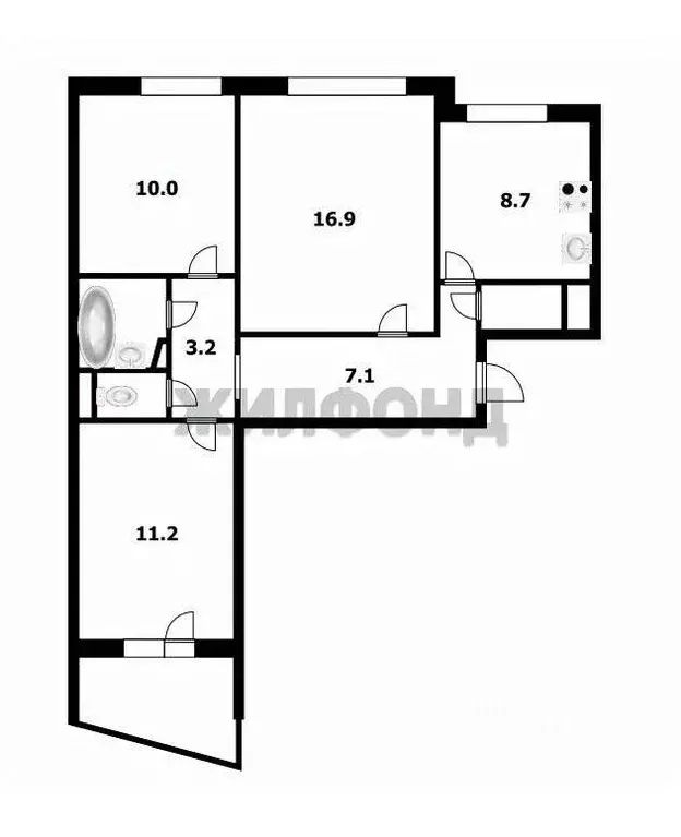 Квартира, 3 комнаты, 61.9 м - Фото 0
