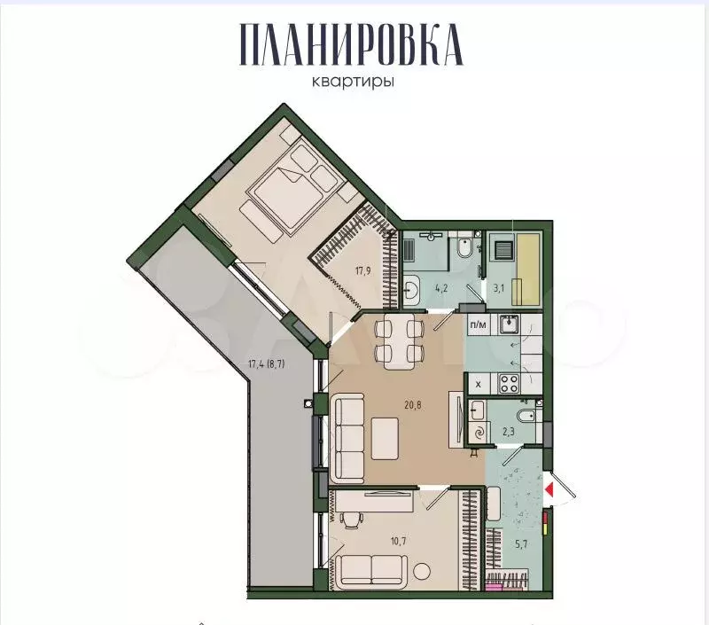 2-к. квартира, 74,2 м, 8/10 эт. - Фото 1