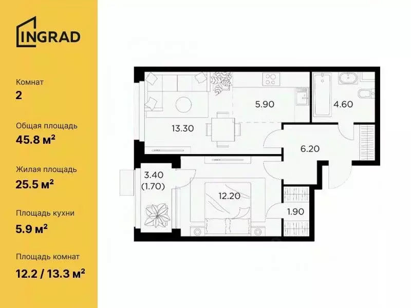 2-к кв. Московская область, Мытищи просп. Астрахова, 14Б (45.8 м) - Фото 0