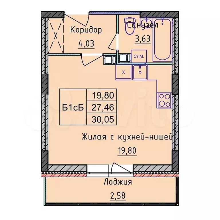 Квартира-студия, 30,1 м, 3/8 эт. - Фото 0