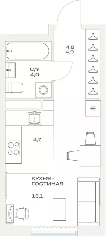 Квартира-студия, 26,8 м, 9/23 эт. - Фото 0