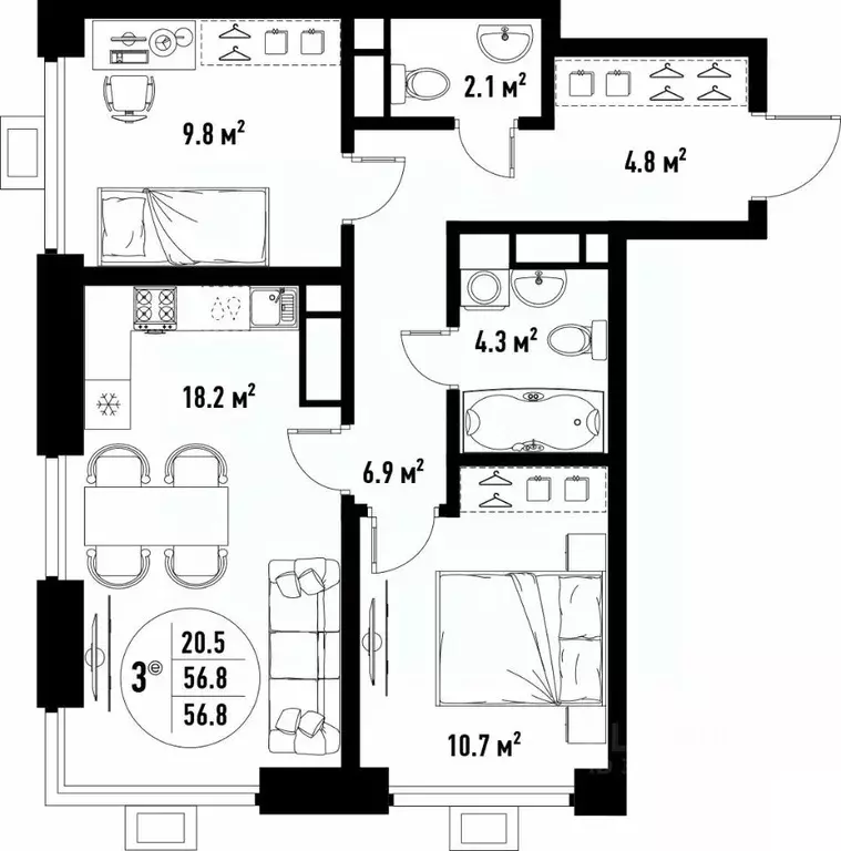 3-к кв. Астраханская область, Астрахань ул. Бэра, 29 (56.8 м) - Фото 2