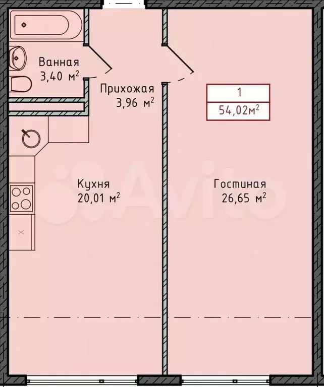 1-к. квартира, 54 м, 7/8 эт. - Фото 1
