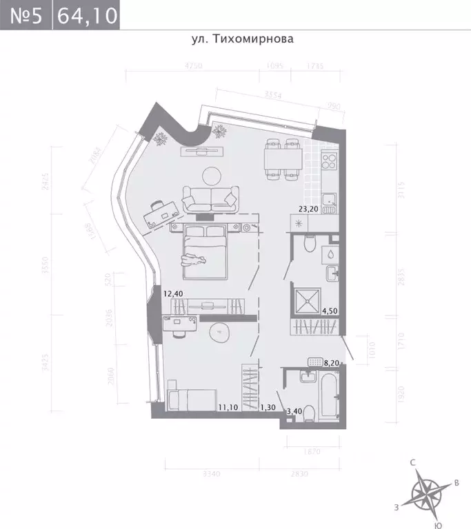 2-к кв. Татарстан, Казань ул. Калинина, 1Б (64.1 м) - Фото 0