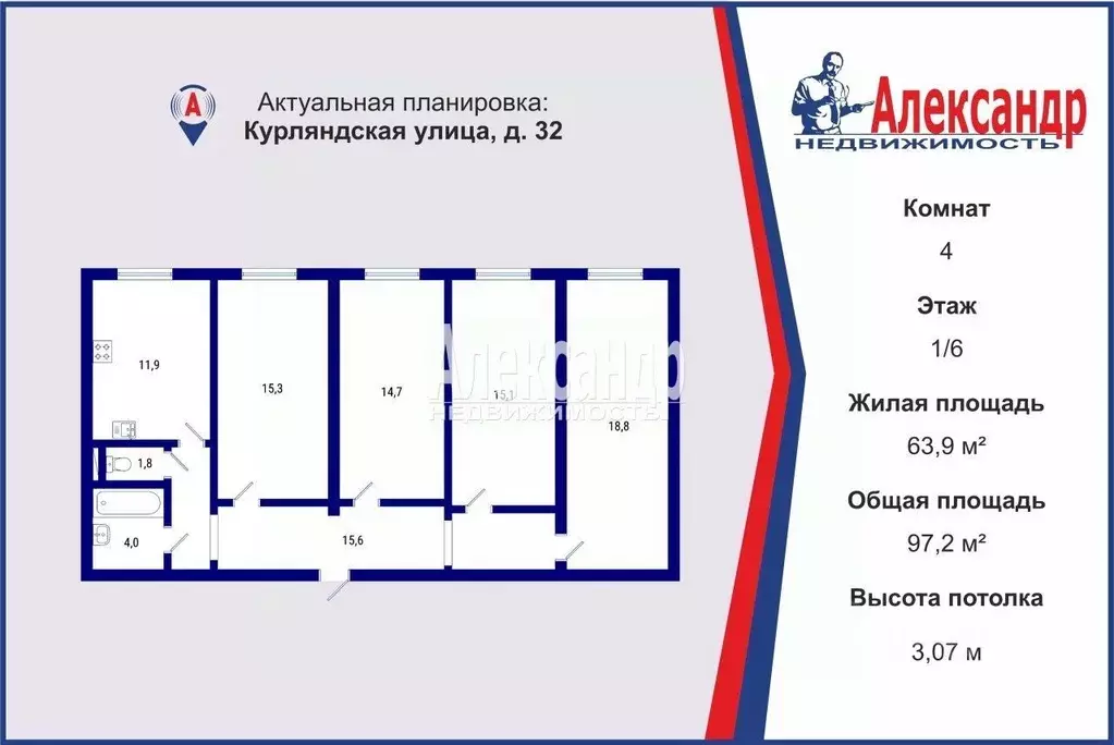 4-к кв. Санкт-Петербург Курляндская ул., 32 (97.2 м) - Фото 1