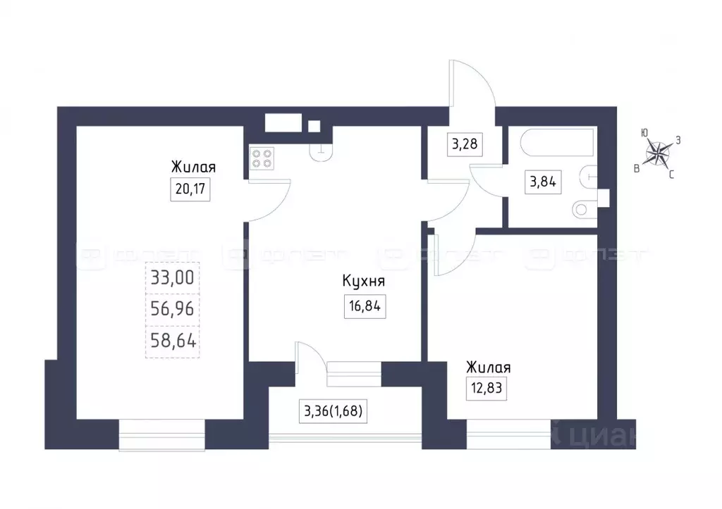 2-к кв. Татарстан, Лаишевский район, с. Сокуры  (58.64 м) - Фото 1