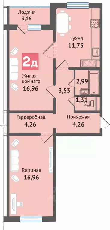 2-к кв. Чувашия, Чебоксары ул. Академика В.Н.Челомея, 14 (65.18 м) - Фото 1