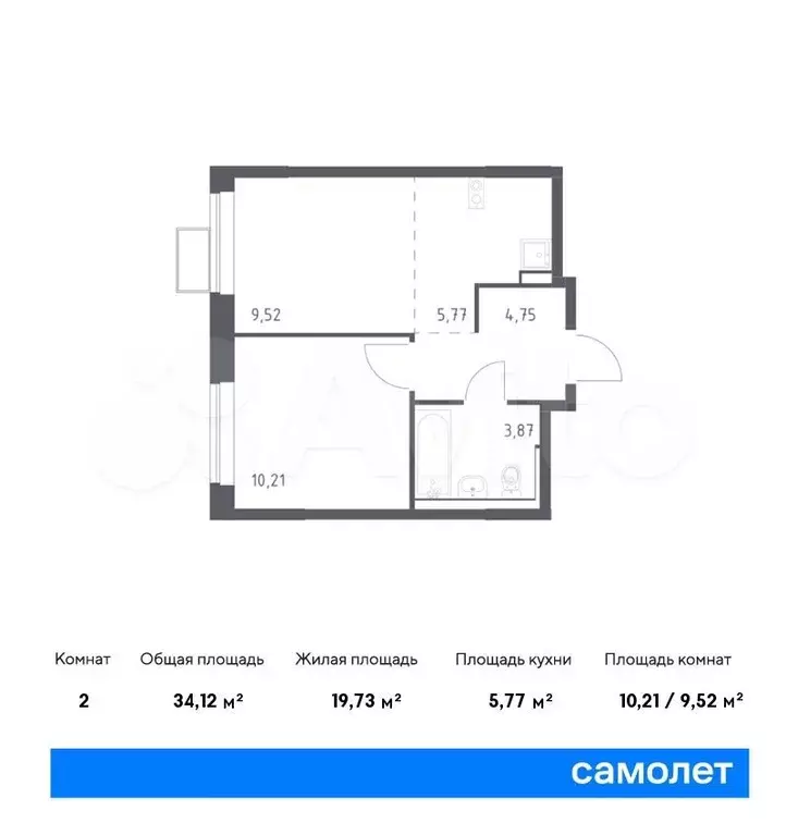 1-к. квартира, 34,1 м, 13/17 эт. - Фото 0