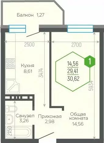 1-к кв. Краснодарский край, Краснодар Черкасская ул., 58/2 (30.9 м) - Фото 0