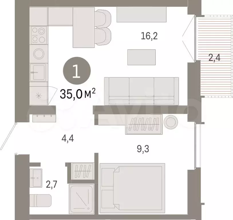 1-к. квартира, 35 м, 4/23 эт. - Фото 1