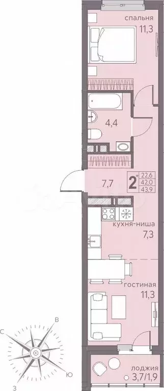 2-к. квартира, 43,9 м, 16/22 эт. - Фото 0