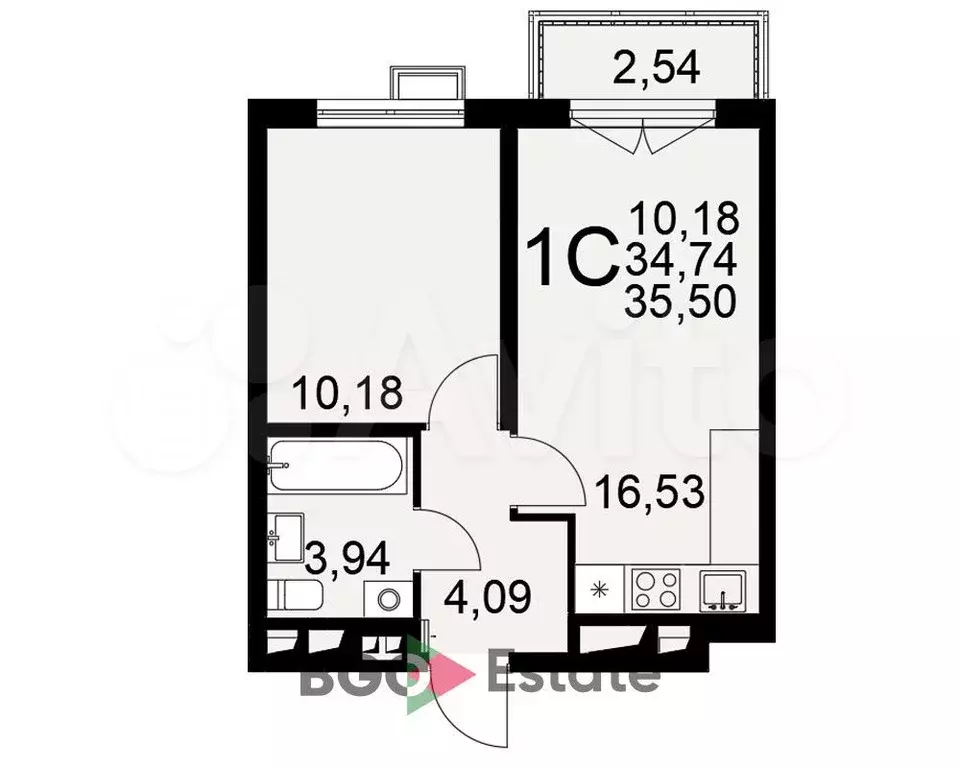 1-к. квартира, 35,5 м, 13/16 эт. - Фото 1