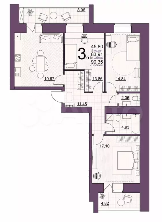 3-к. квартира, 90,4 м, 5/14 эт. - Фото 0