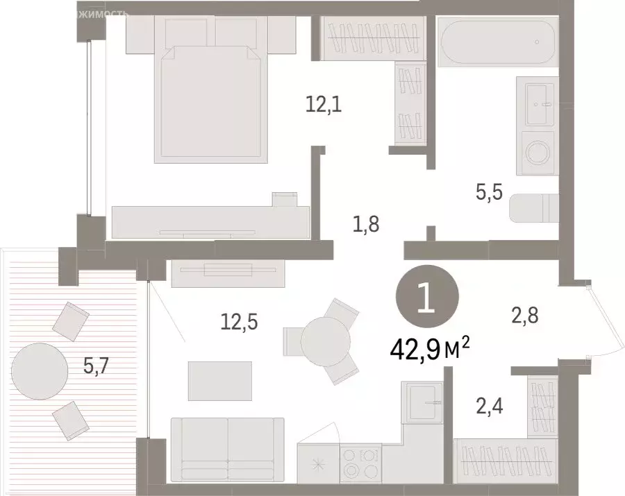1-комнатная квартира: Тюмень, ЖК Дом у Озера (42.88 м) - Фото 1