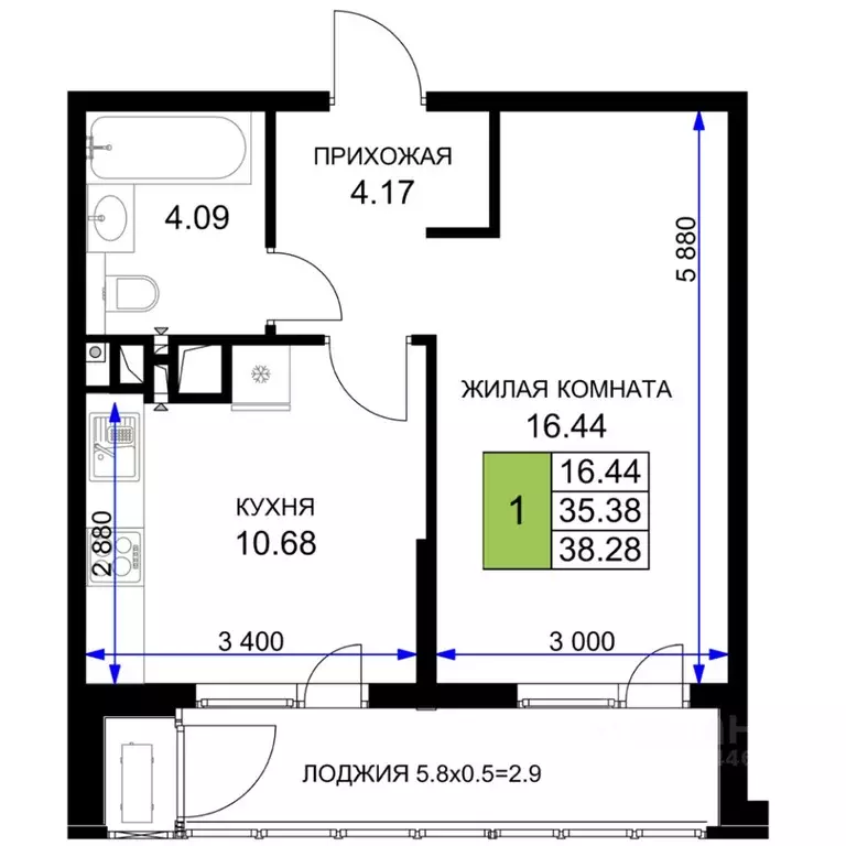 1-к кв. Краснодарский край, Краснодар  (38.28 м) - Фото 0