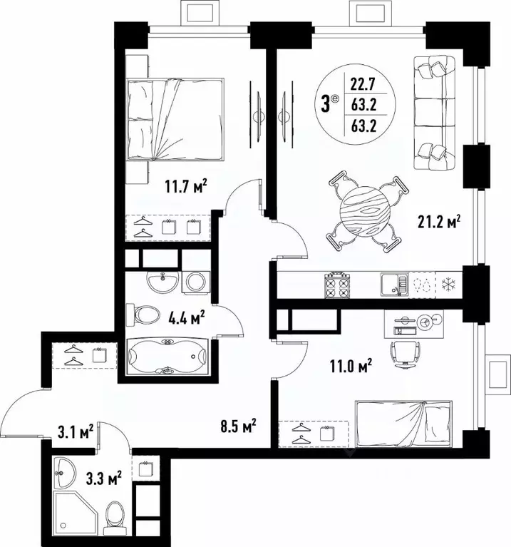3-к кв. Астраханская область, Астрахань ул. Бэра, 29 (63.2 м) - Фото 1