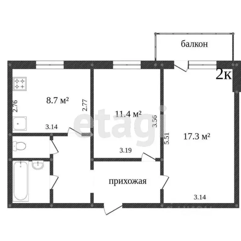 2-к кв. Белгородская область, Белгород ул. Есенина, 54 (53.0 м) - Фото 2