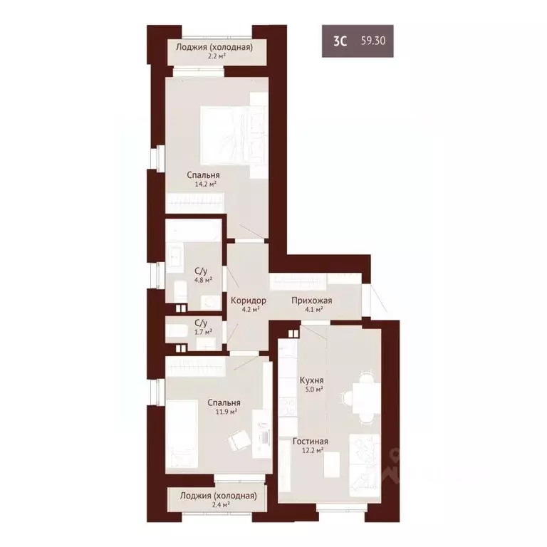 3-к кв. Кемеровская область, Новокузнецк ул. Доз (61.45 м) - Фото 0
