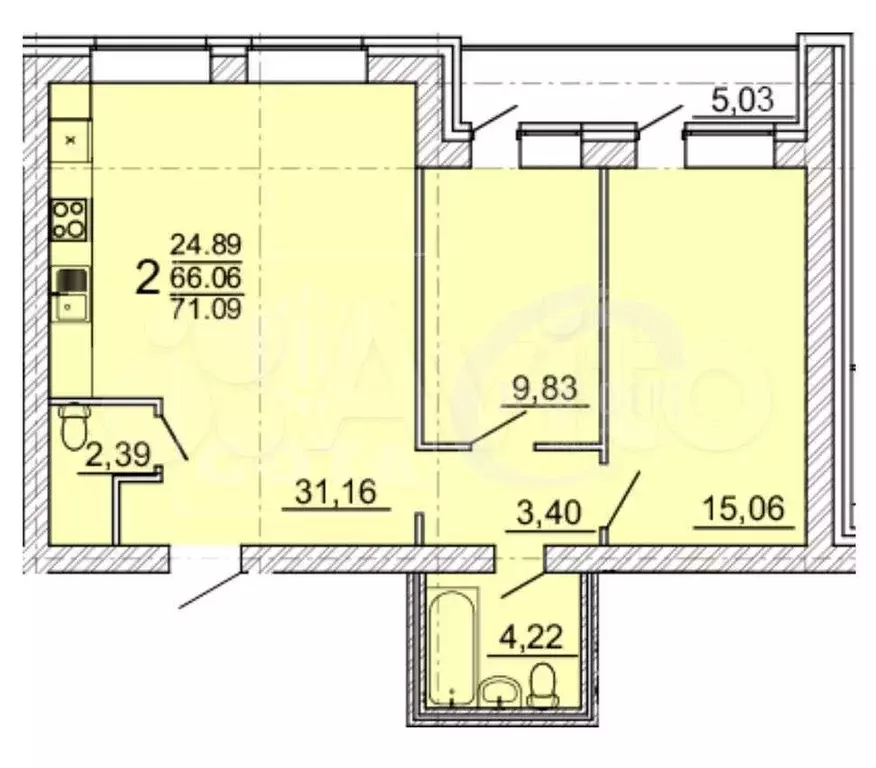 2-к. квартира, 71,1 м, 3/3 эт. - Фото 0