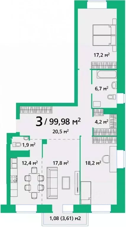 3-к кв. Красноярский край, Красноярск Покровский мкр, 11А мкр,  (99.98 ... - Фото 1