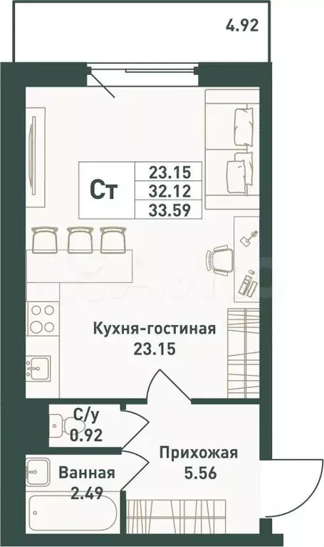 Квартира-студия, 33,6 м, 12/16 эт. - Фото 0